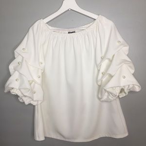 White Pearl Embellished Off-The-Shoulder Blouse